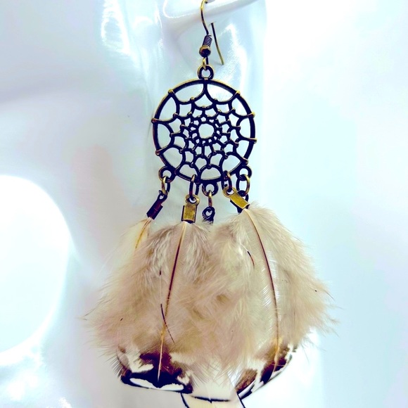 Handmade Antique Bronze Natural Feather Dream Catcher Earrings! - Picture 2 of 5
